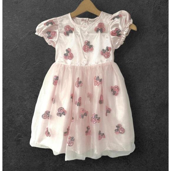 Disney Other - Disney Minnie Mouse Girls Dress Fit & Flare Puff Sleeve Tulle Sequin Pink 5/6